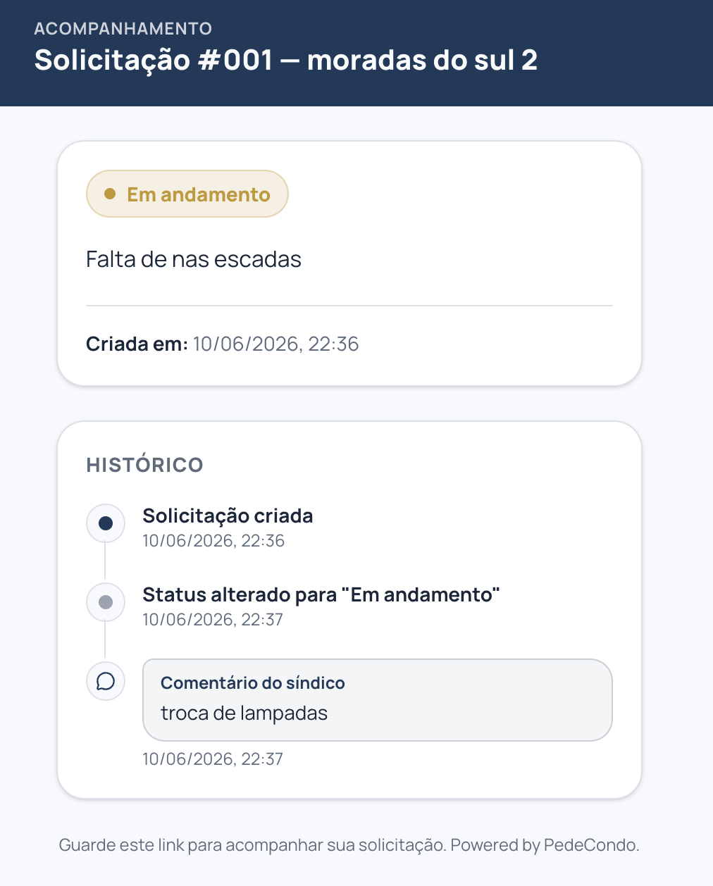 Página de acompanhamento da solicitação com status e histórico de respostas do síndico