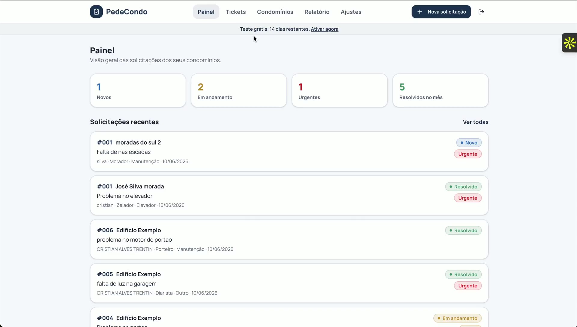 Demonstração do painel de solicitações
